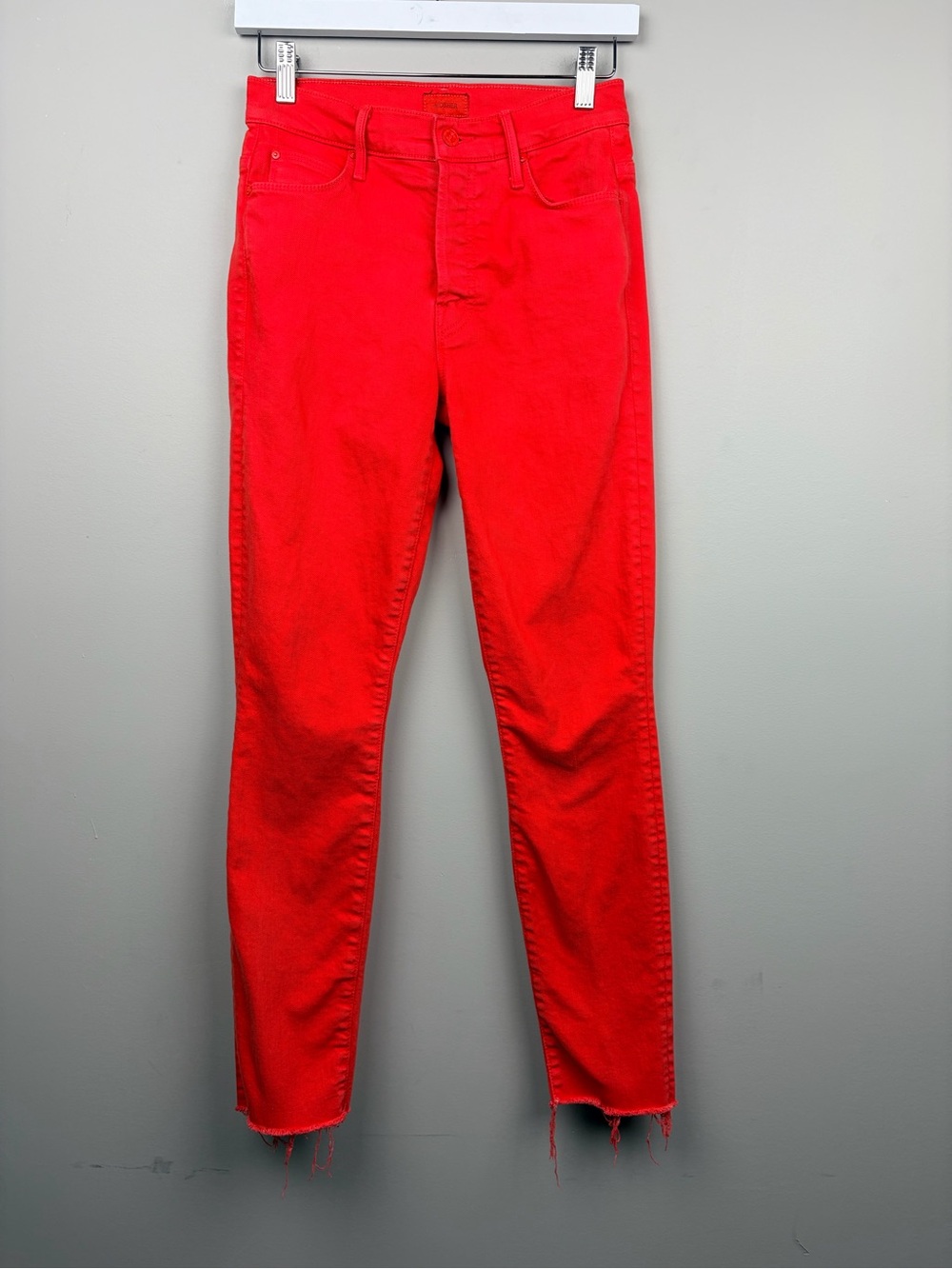 MOTHER The Stunner Ankle Fray Jeans Womens 25 Tomato Red High Rise Raw Hem